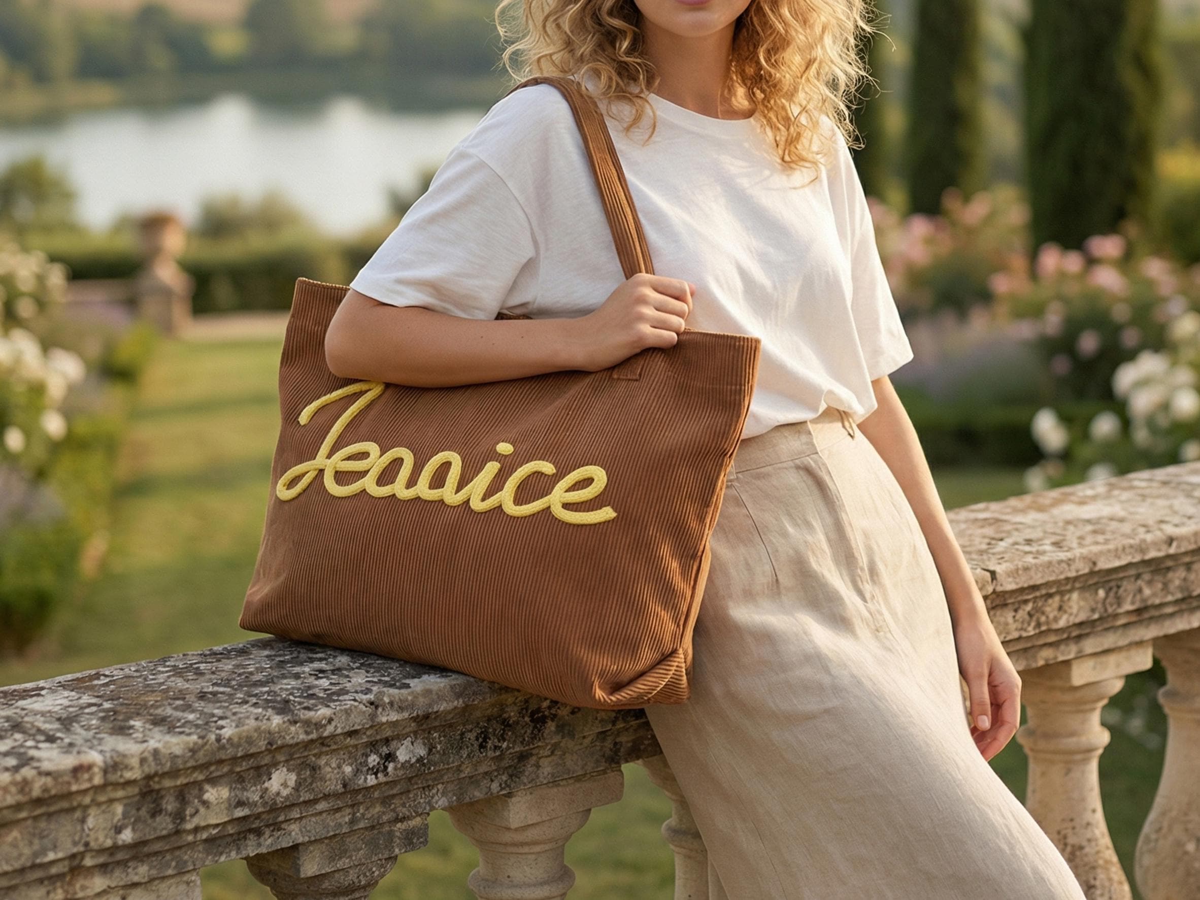 Monogrammed Corduroy Tote Bag, Personalized Embroidered Tote, Bachelorette Gifts, Traveling Handbag, Bridesmaid Gift