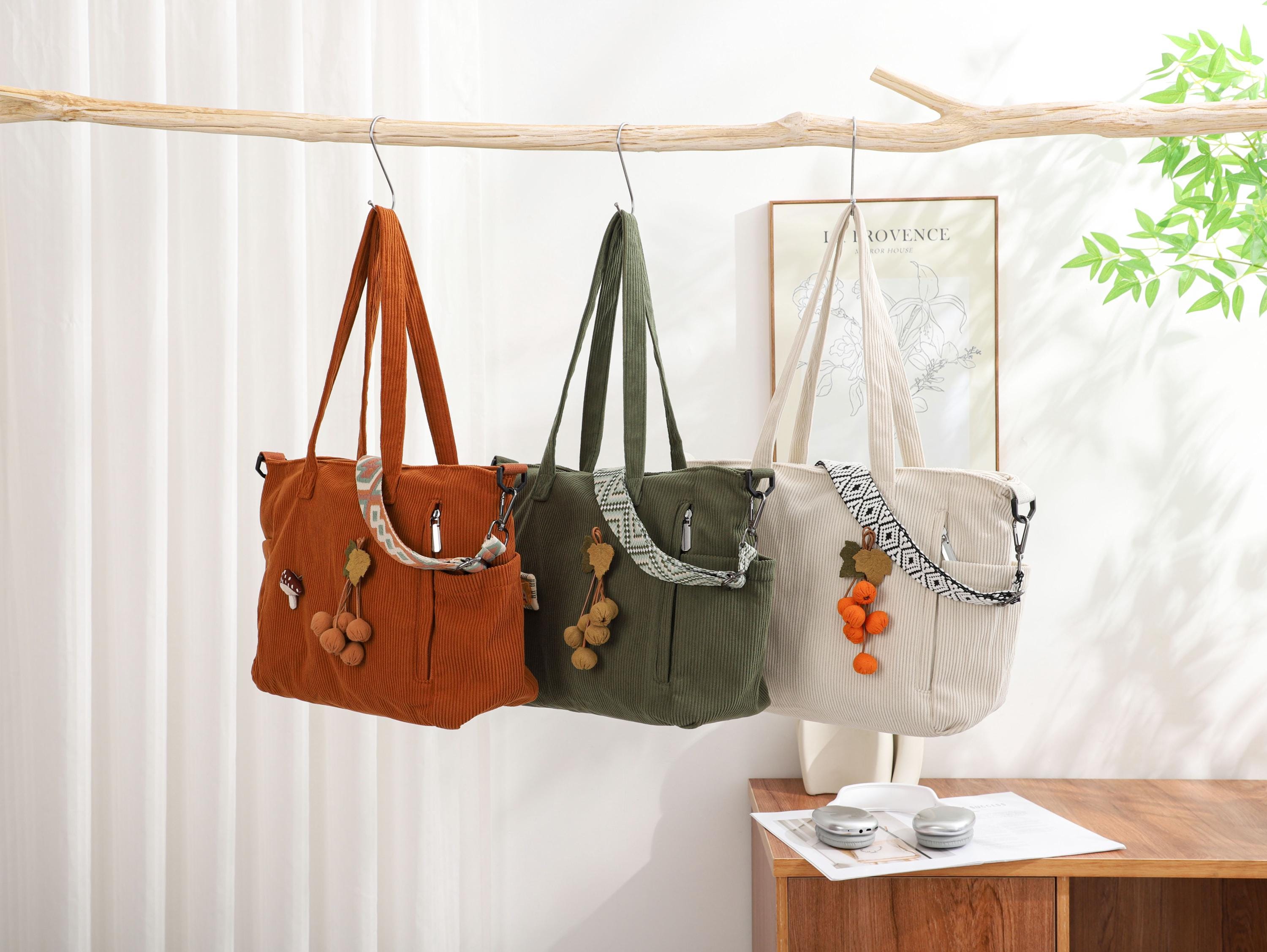 Corduroy Tote Bag, Adjustable Strap, Zipper Close, Everyday Travel Handbag