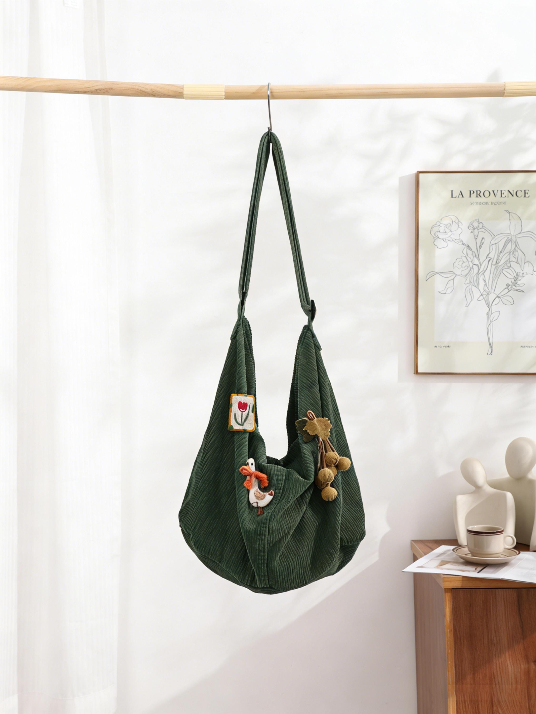 Corduroy Tote Bag, Adjustable Strap, Zipper Pockets, Women Shoulder Bag