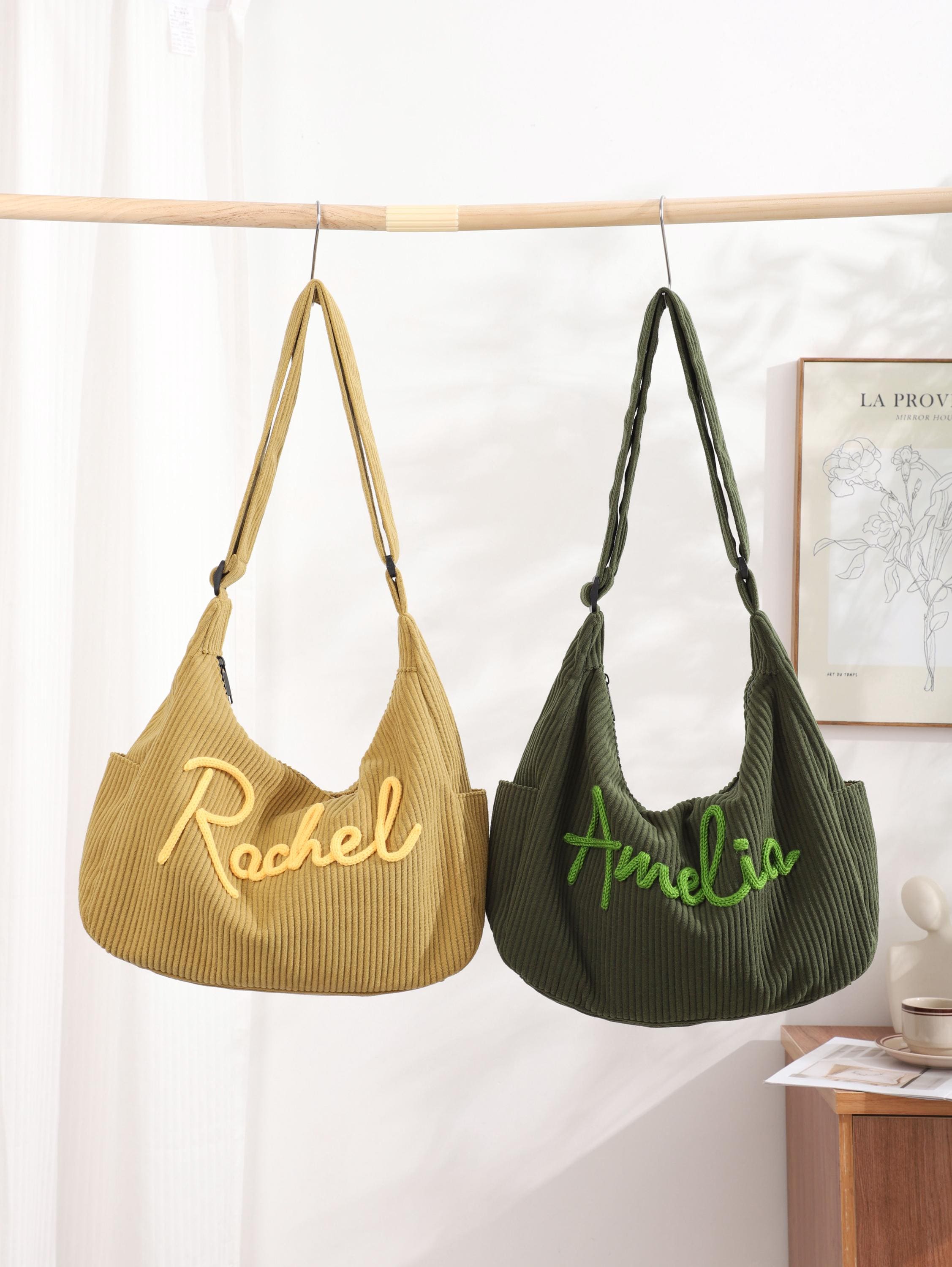 Personalised Corduroy Tote Bag, Custom Name Embroidery, Everyday Crossbody Travel Bag