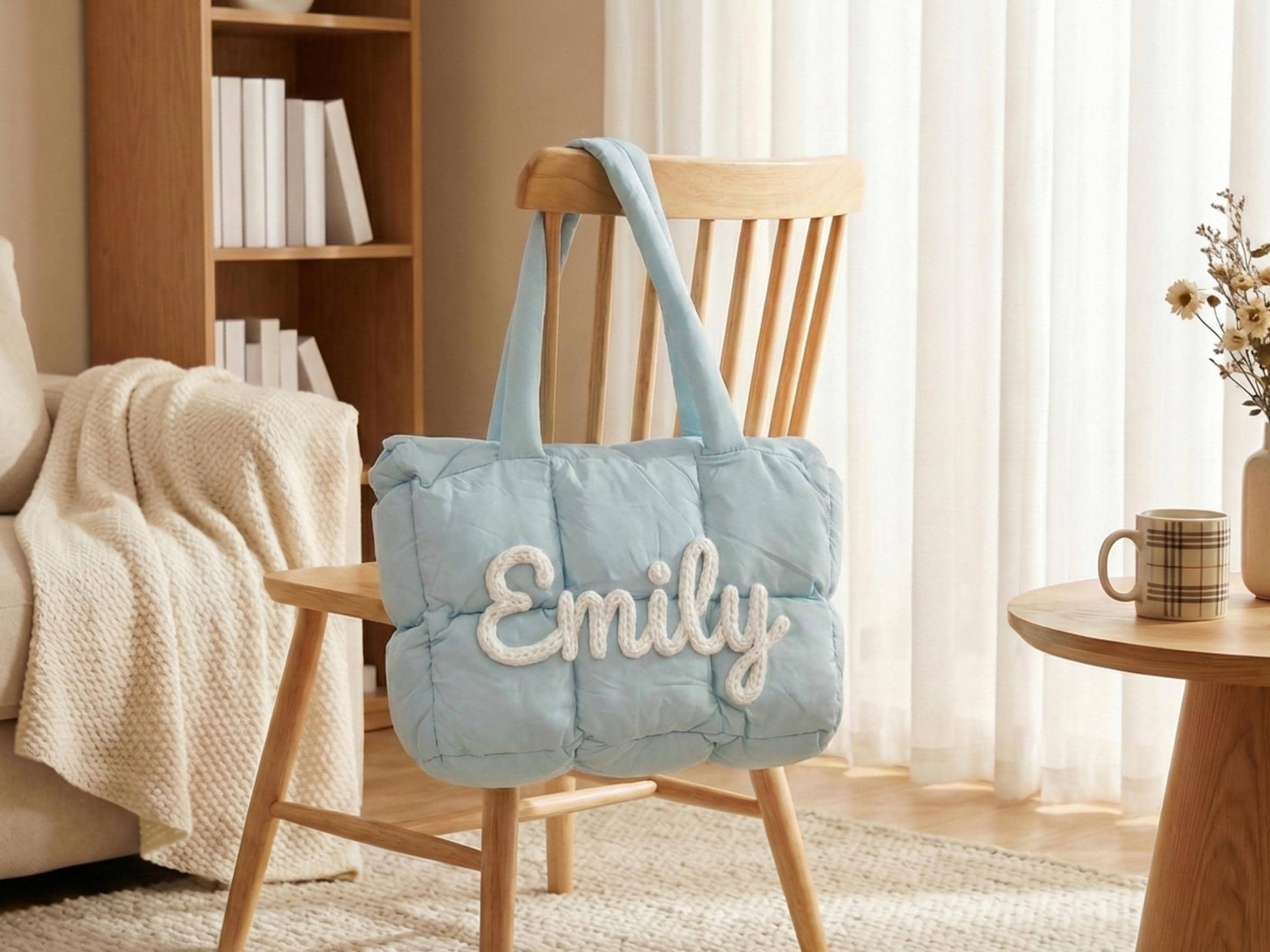 Personalized Quilted Nylon Puffer Tote Bag, Monogrammed Shoulder Beach Bag