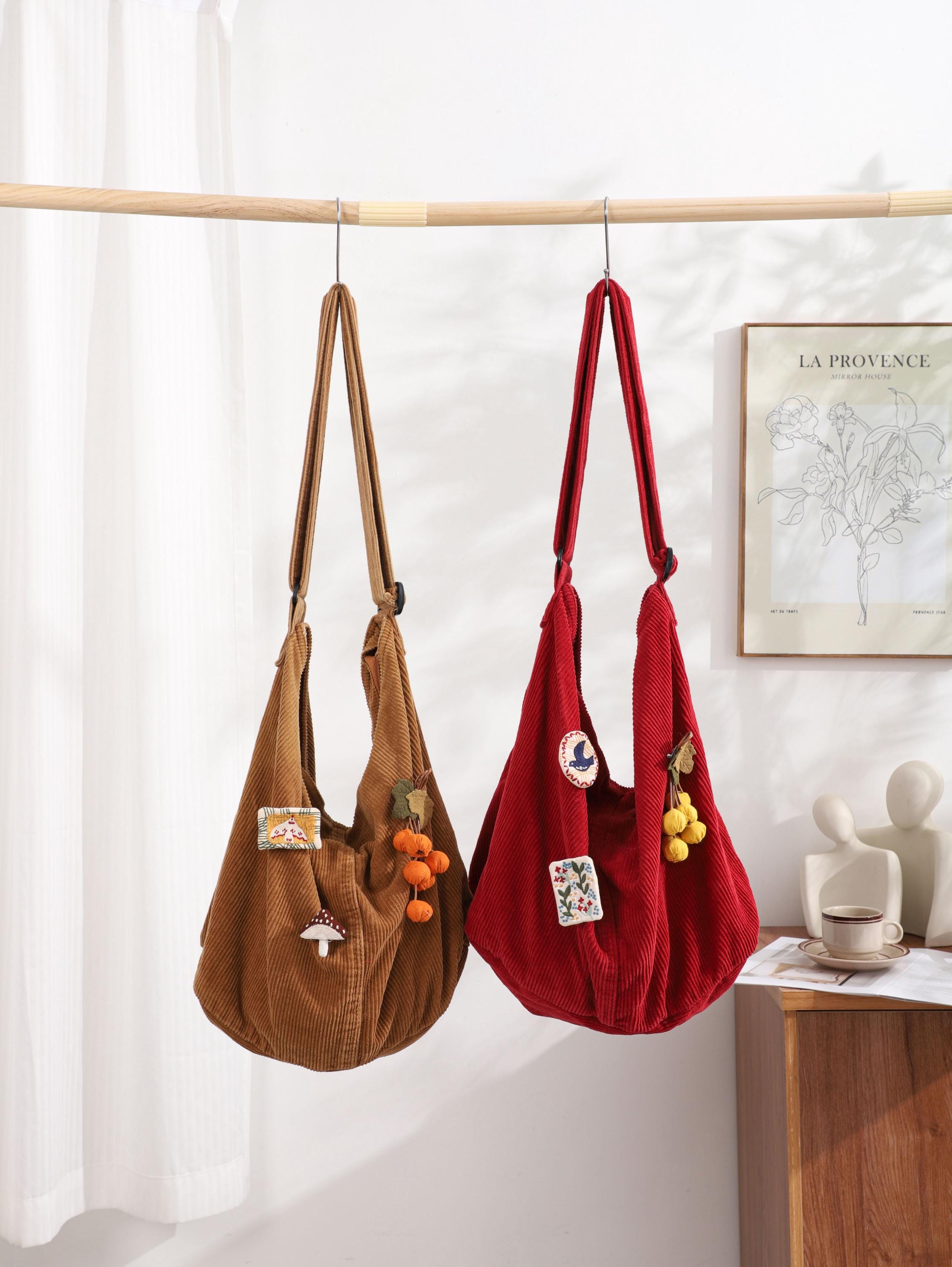 Corduroy Tote Bag, Adjustable Strap, Zipper Pockets, Women Shoulder Bag