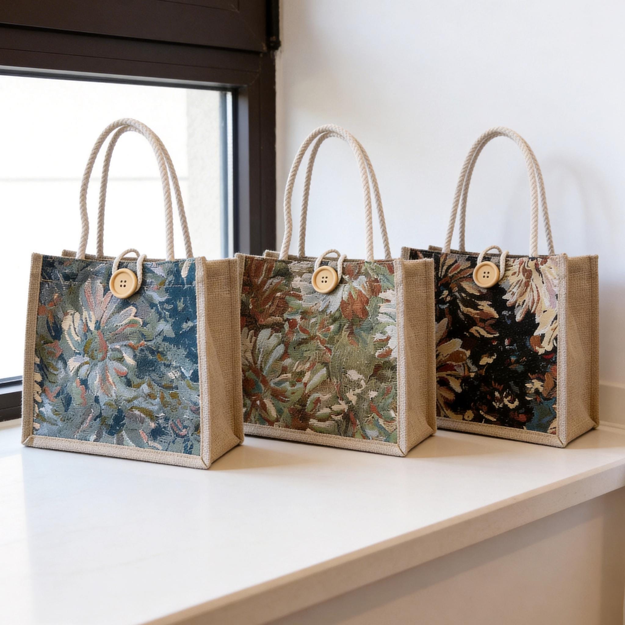 Vintage Floral Tapestry Jute Tote Bag, Woven Jacquard Purse, Rustic Button Handbag,gift for Her