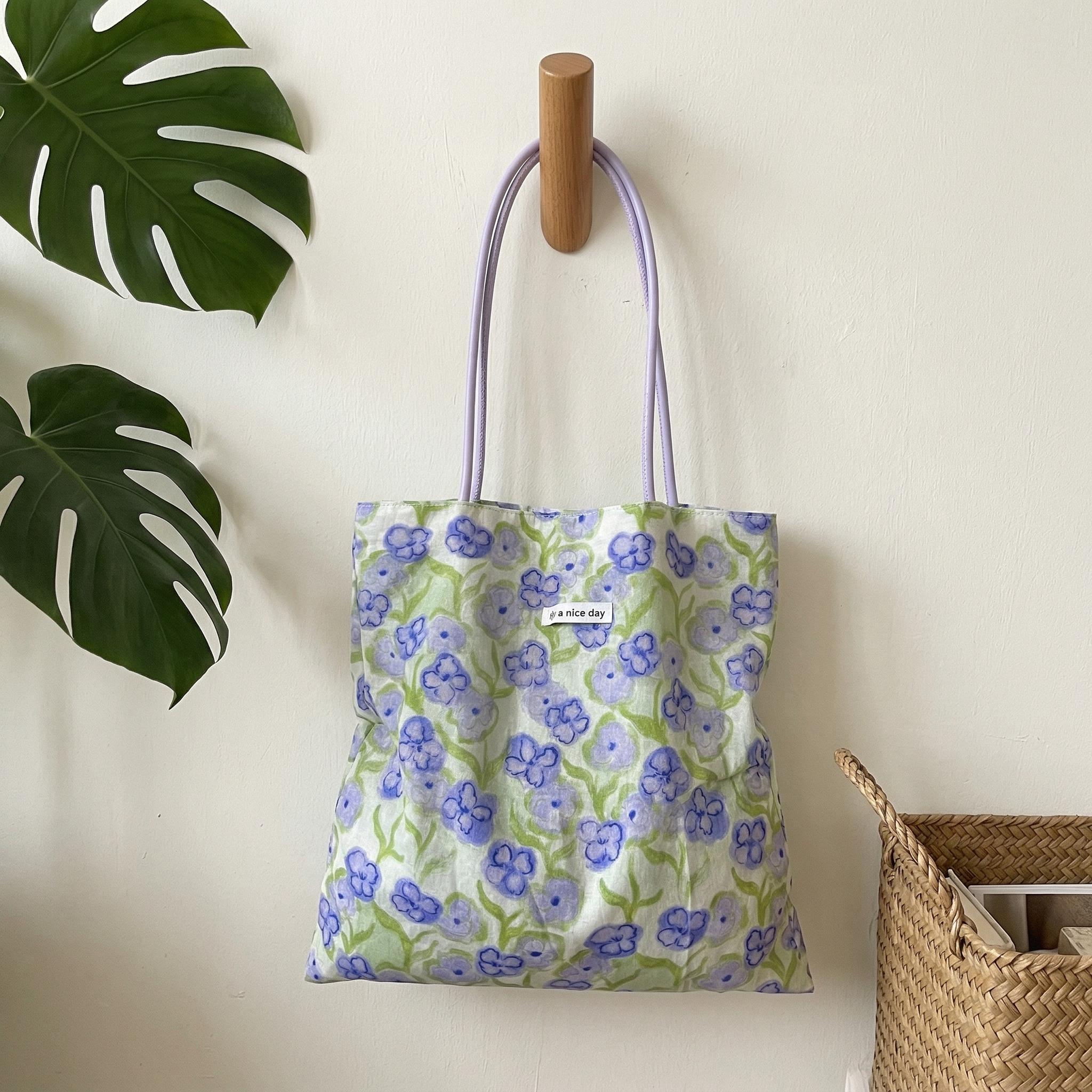 Reversible Cotton Canvas Tote, Soft Floral Shoulder Bag, Two Way Minimalist Work Purse, Light Green Strap Slouchy Everyday Bag