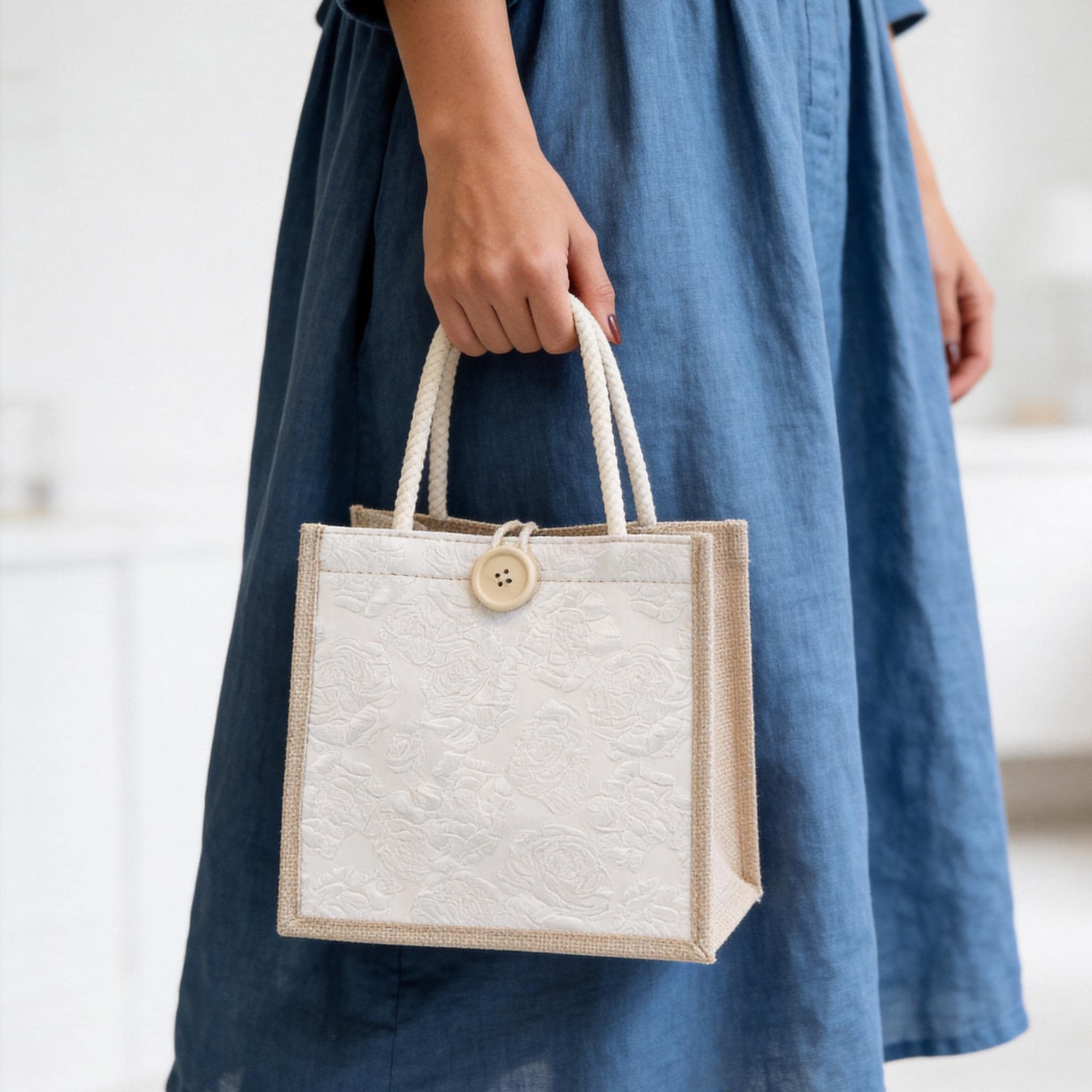 Small Burlap Tote Bag for Women Textured Floral Jacquard Handbag Eco Friendly Shopper Woven Market Purse Bridesmaid Proposal Gift Bag