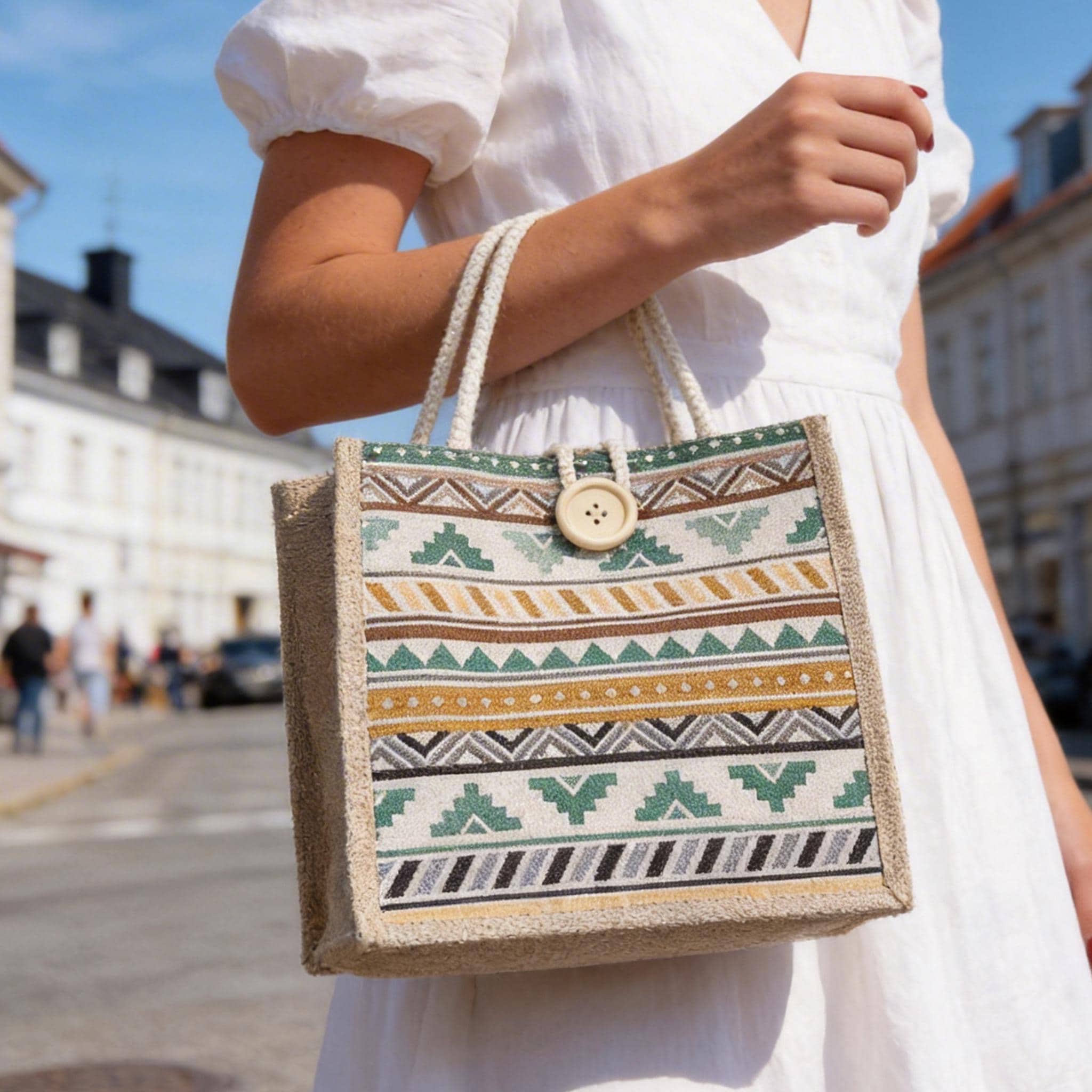 Small Jute Tote Bag | Woven Tribal Handbag | Boho Mini Lunch Tote | Top Handle Purse for Women | Eco Friendly Summer Bag Gift for Her