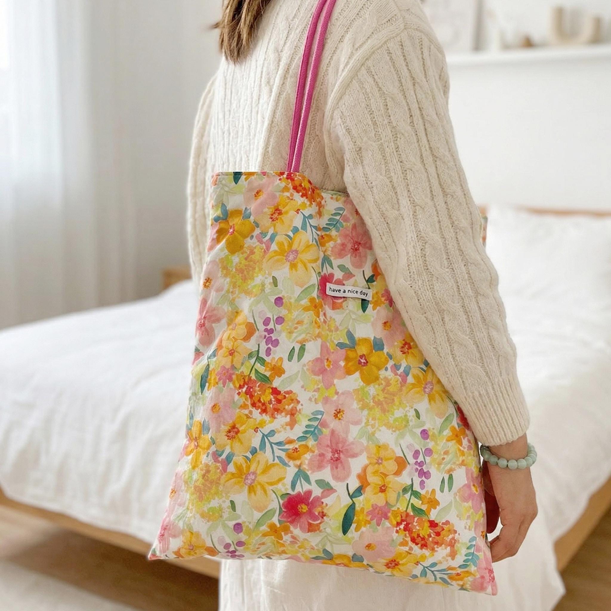 Large Floral Canvas Shoulder Bag, Perfect Work Tote, Cute Spring Gift for Her