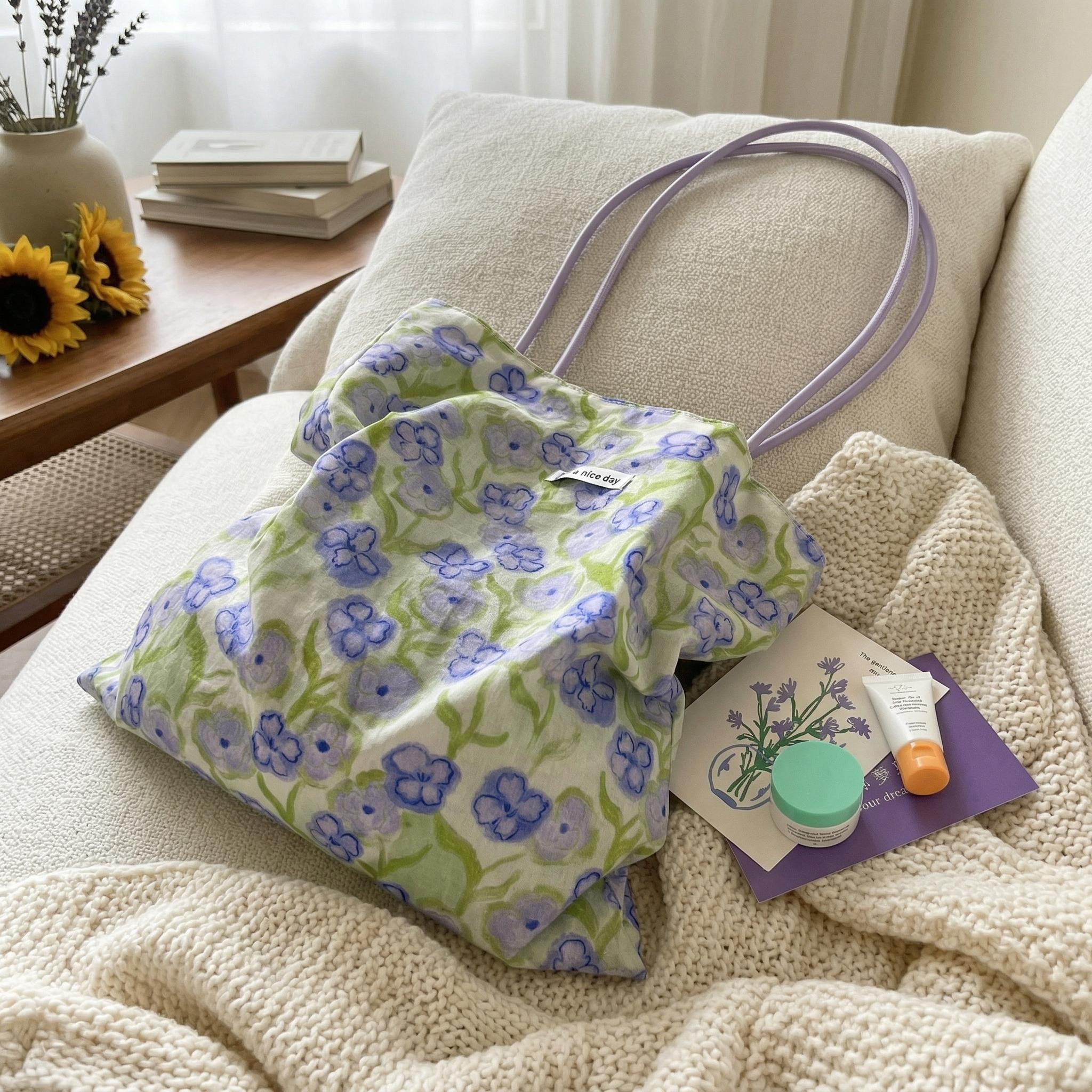 Purple Iris Floral Tote Bag, Reversible Canvas Shoulder Purse, Cottagecore Aesthetic Hobo Bag, Light Green Everyday Commuter Handbag