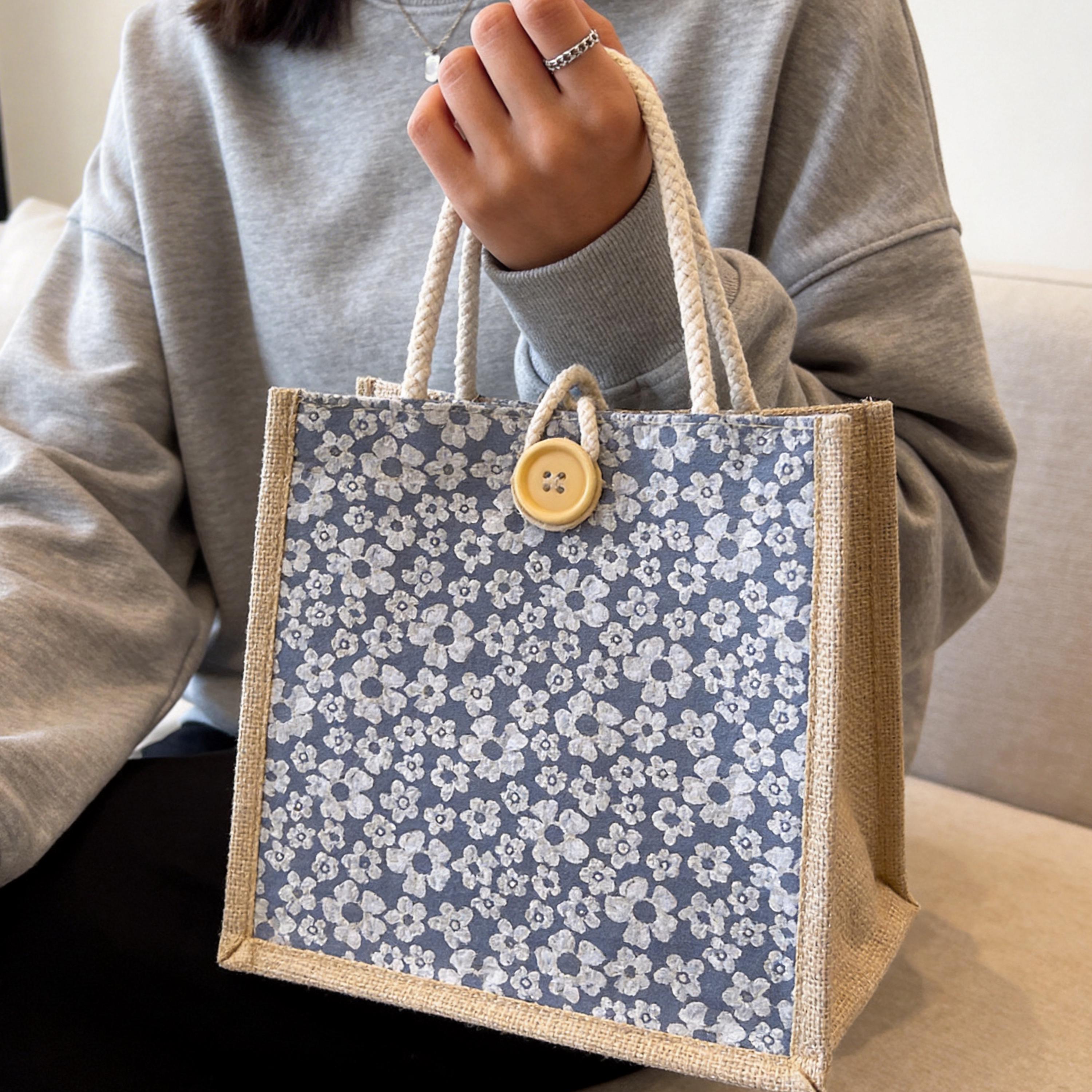 Floral Jute Handbag for Women, Spring Jute Tote With Wooden Button, Small Burlap Lunch Bag, Rustic Wooden Button Handbag, Mothers Day Gift