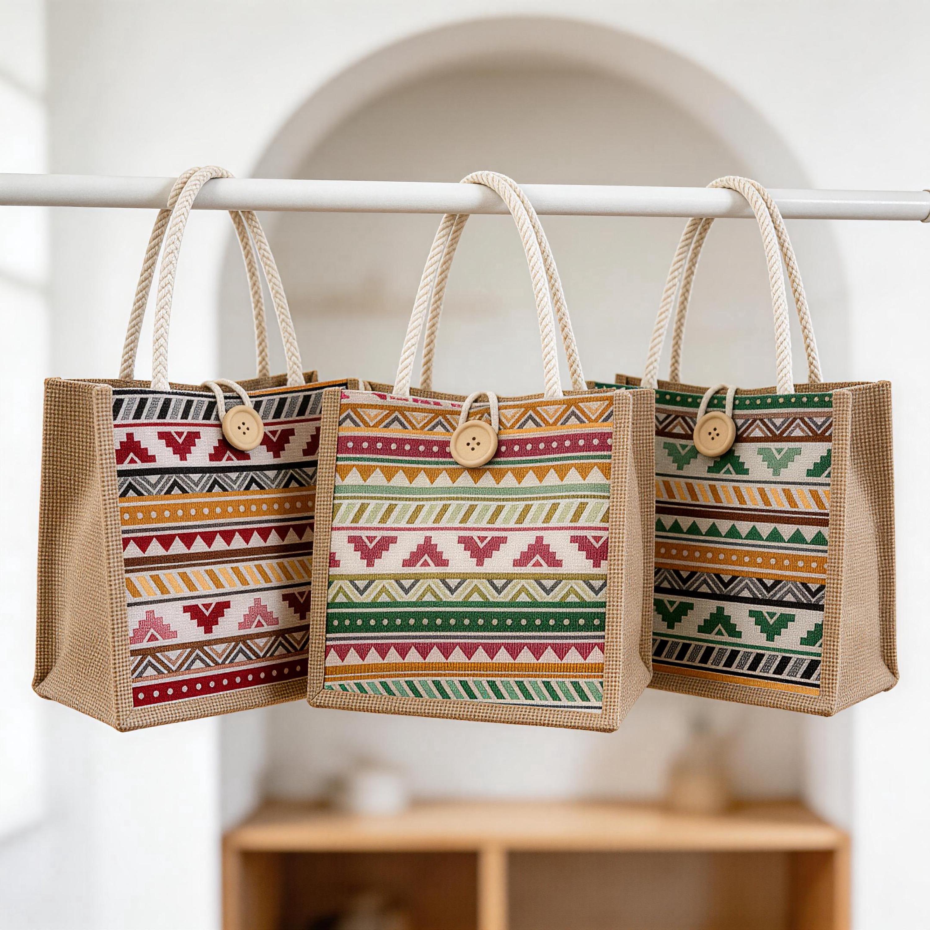Boho Aztec Mini Tote, Woven Jute Handbag With Button, Everyday Reusable Lunch Bag, Cute Top Handle Purse, Mothers Day Gift for Mom