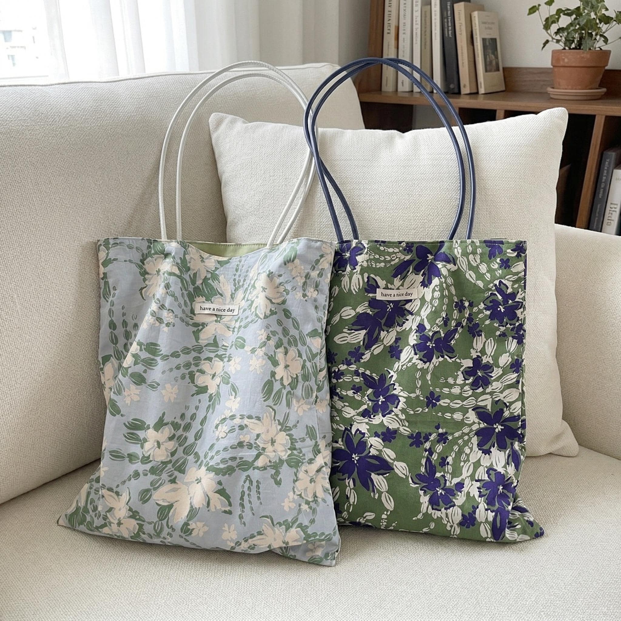Reversible Floral Tote Bag Slouchy Cotton Canvas Shoulder Purse Two Way Minimalist Bag Aesthetic Everyday Commuter Handbag,gift for Her