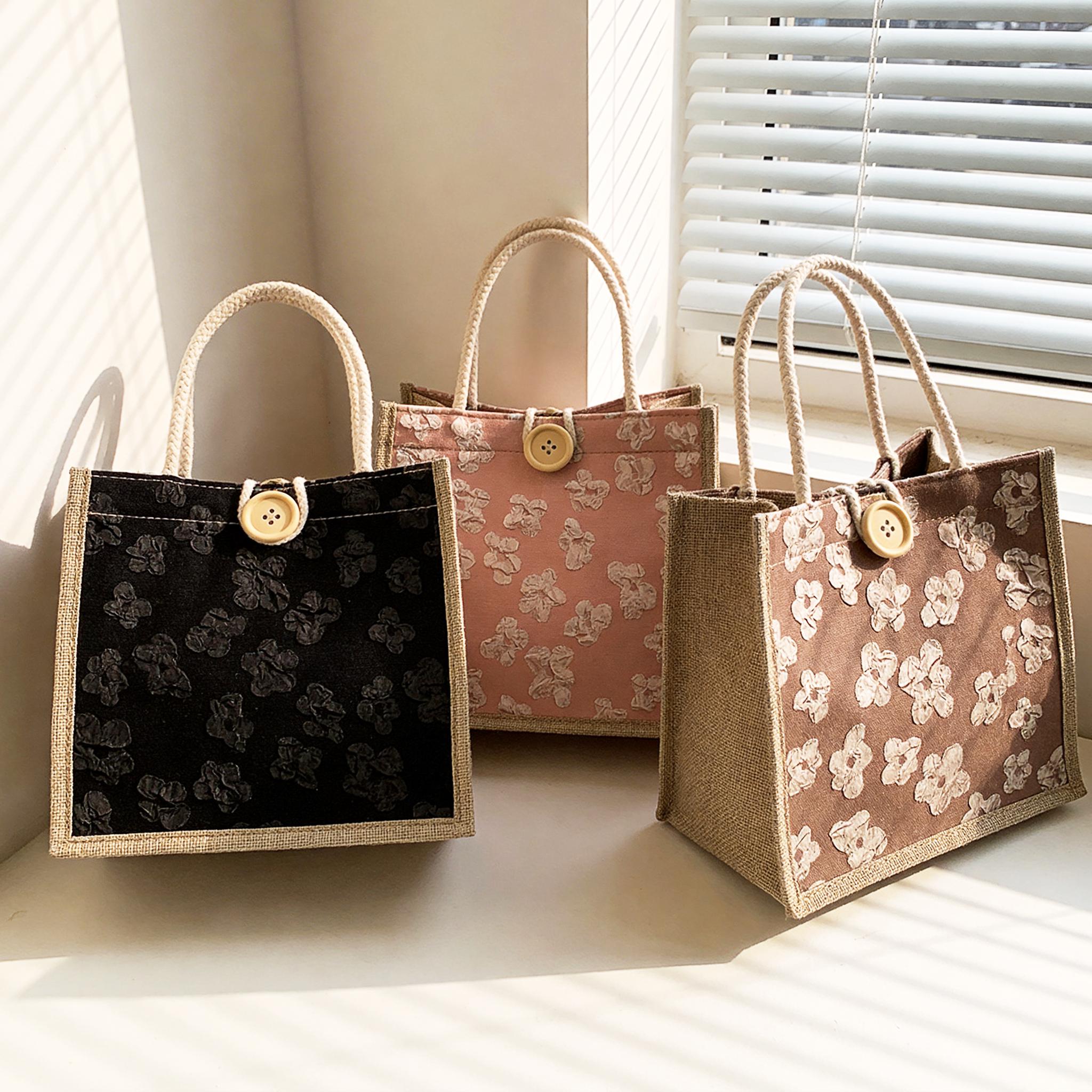 Small Burlap Lunch Tote With 3D Flowers, Everyday Jute Commute Purse, Natural Woven Bag, Reusable Bridesmaid Gift, Vintage Style Handbag