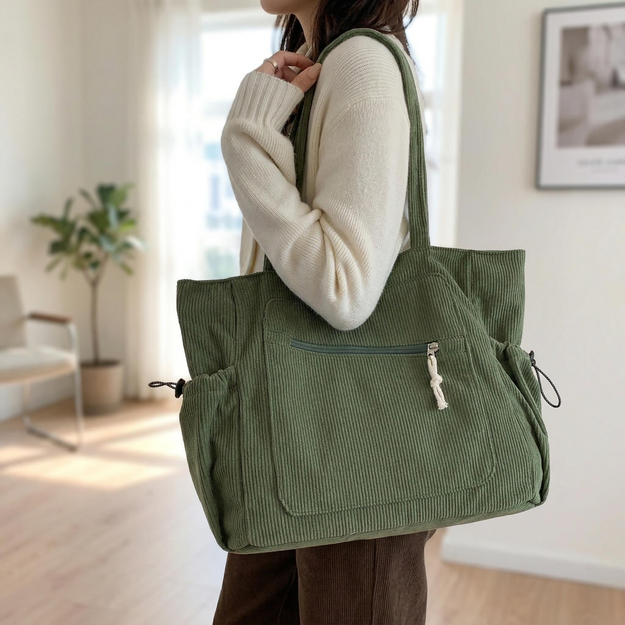 Large Corduroy Tote Bag, Retro Soft Casual Shoulder Bag With Pockets, Everyday Handbag for School Work Travel, Women’s Fashion Daily Purse
