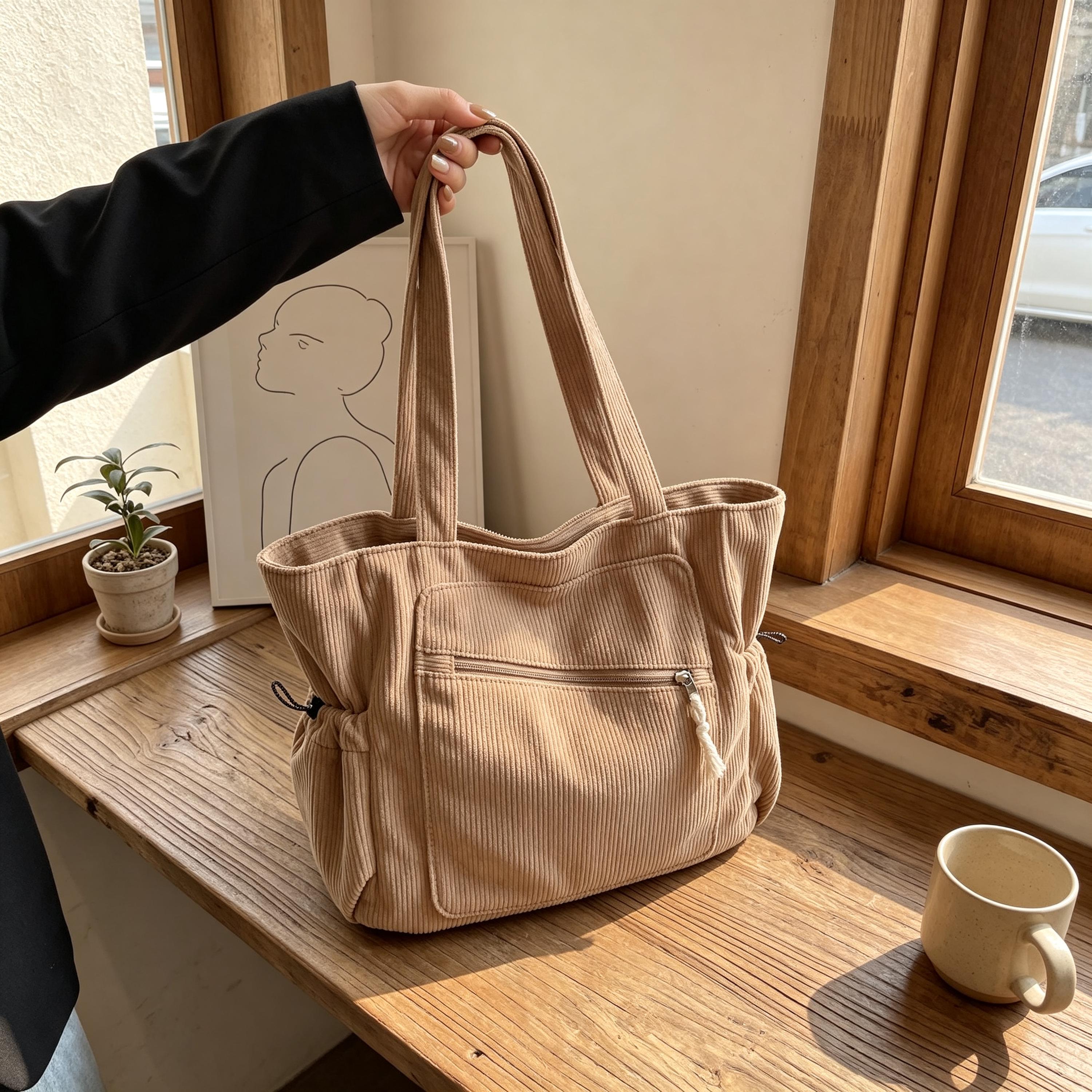 Large Corduroy Tote Bag, Retro Soft Casual Shoulder Bag With Pockets, Everyday Handbag for School Work Travel, Women’s Fashion Daily Purse