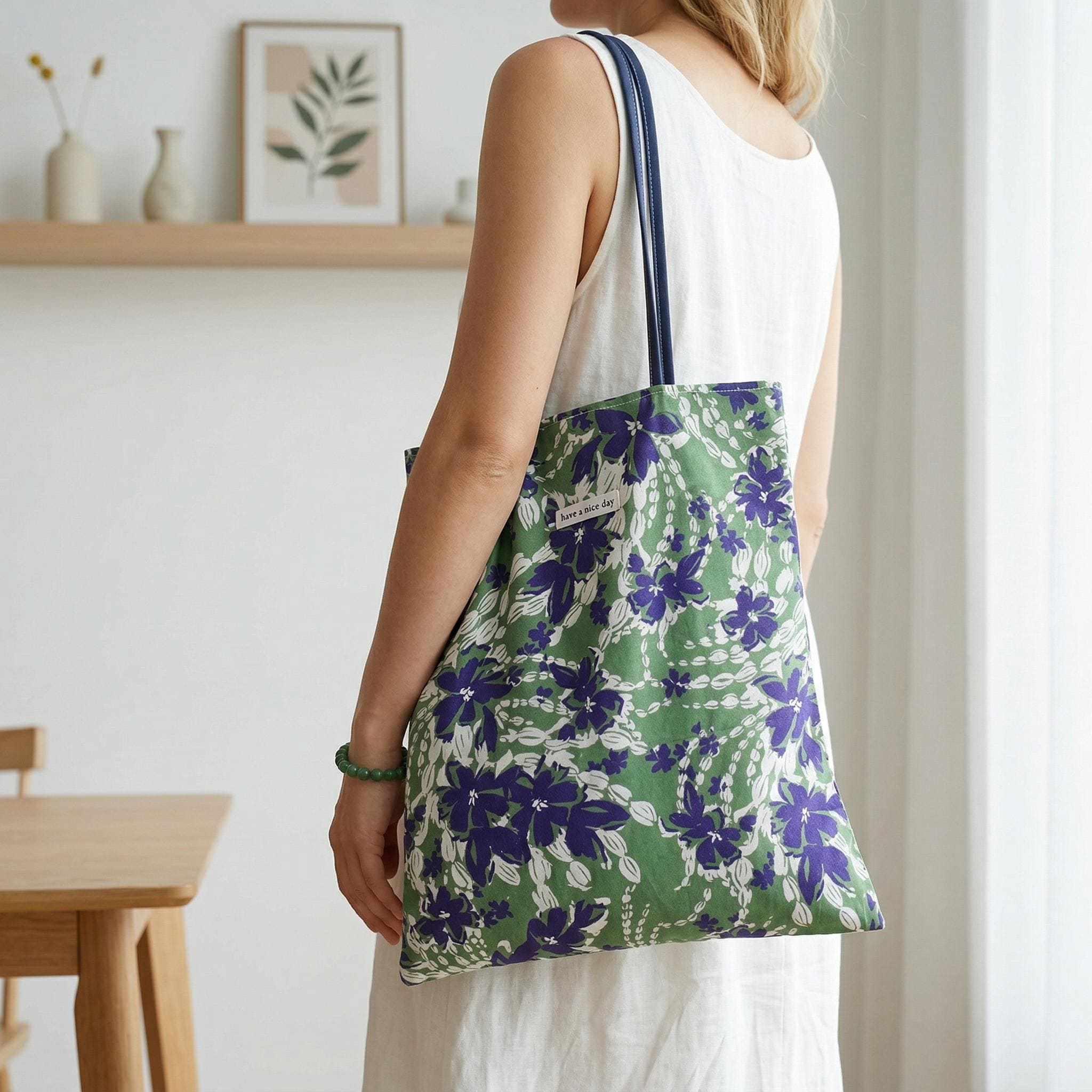 Vintage Floral Cotton Purse Reversible Green Canvas Bag Soft Fabric Shoulder Bag With PU Straps Lightweight Travel Tote for Women