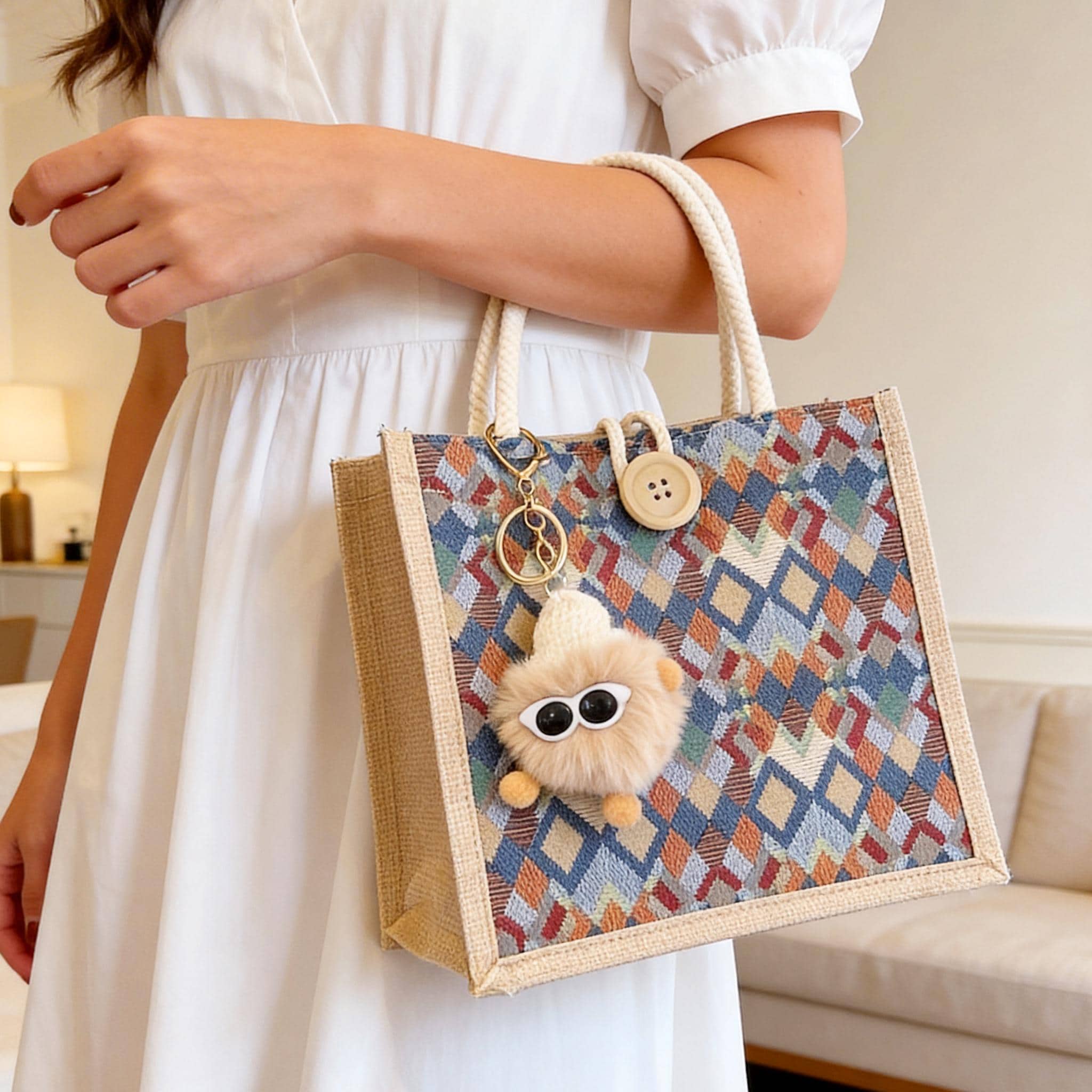 Small Jute Tote Bag | Woven Geometric Handbag | Boho Mini Lunch Tote | Top Handle Purse for Women | Eco Friendly Summer Bag Gift for Her