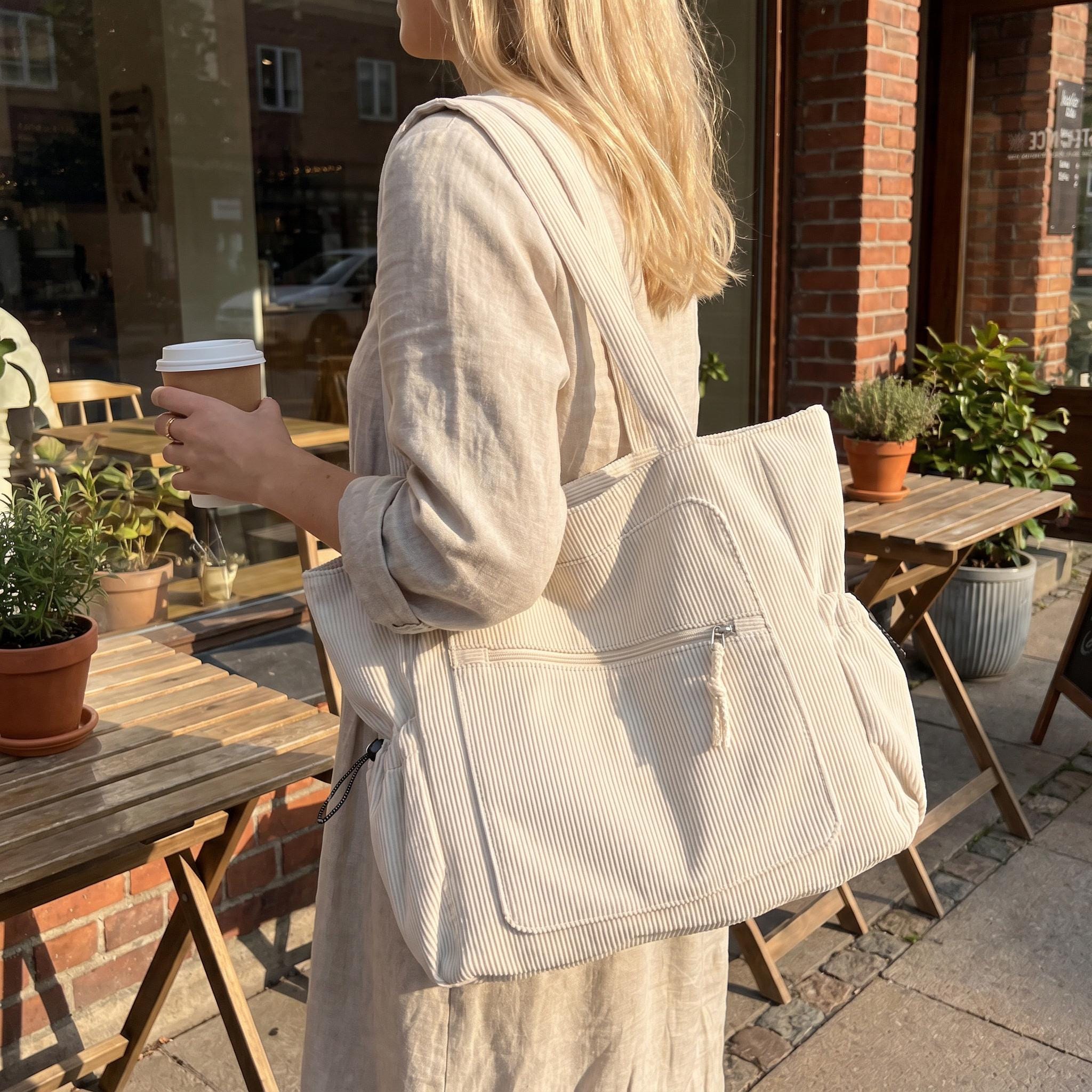 Large Corduroy Tote Bag With Pockets, Retro Soft Casual Shoulder Bag for School Work Travel