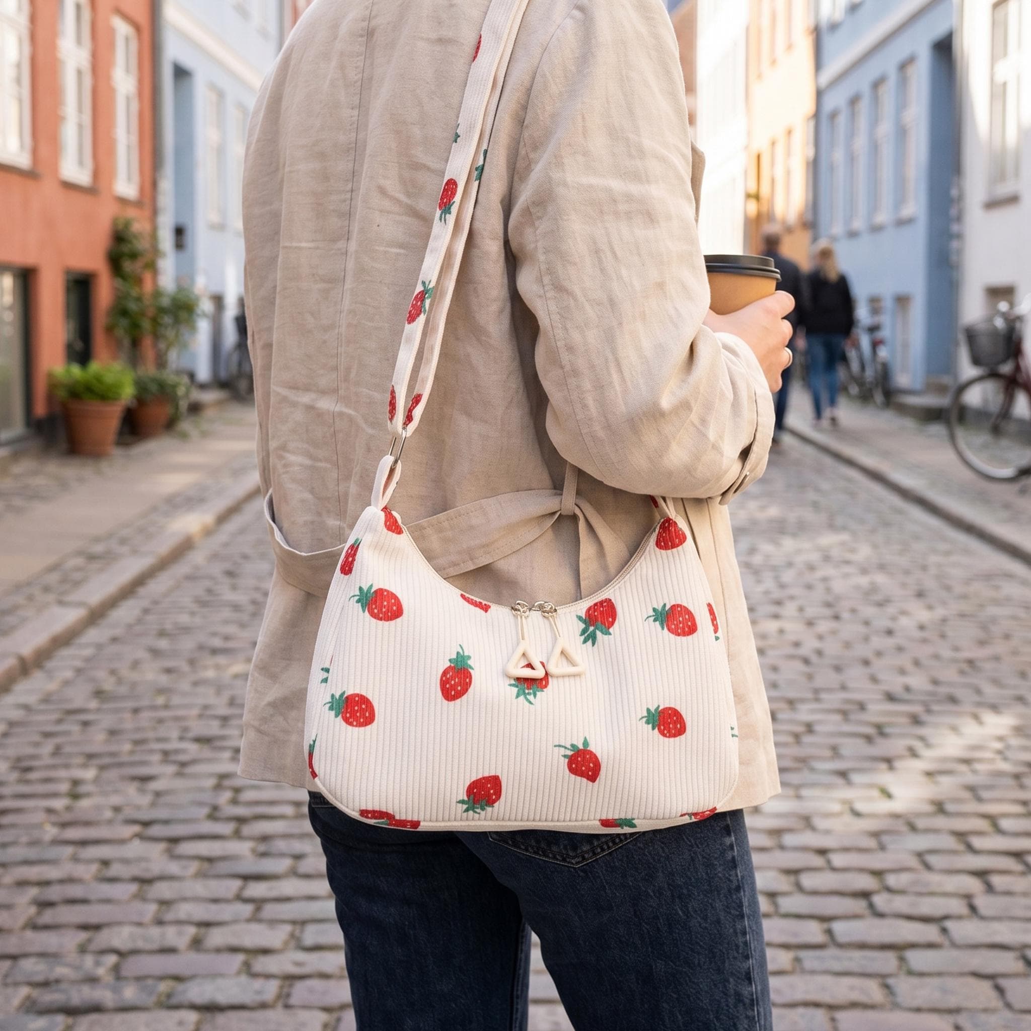 Strawberry Print Corduroy Bag, Cute Aesthetic Hobo Bag, Casual Daily Shoulder Purse, Trendy Fruit Print Handbag