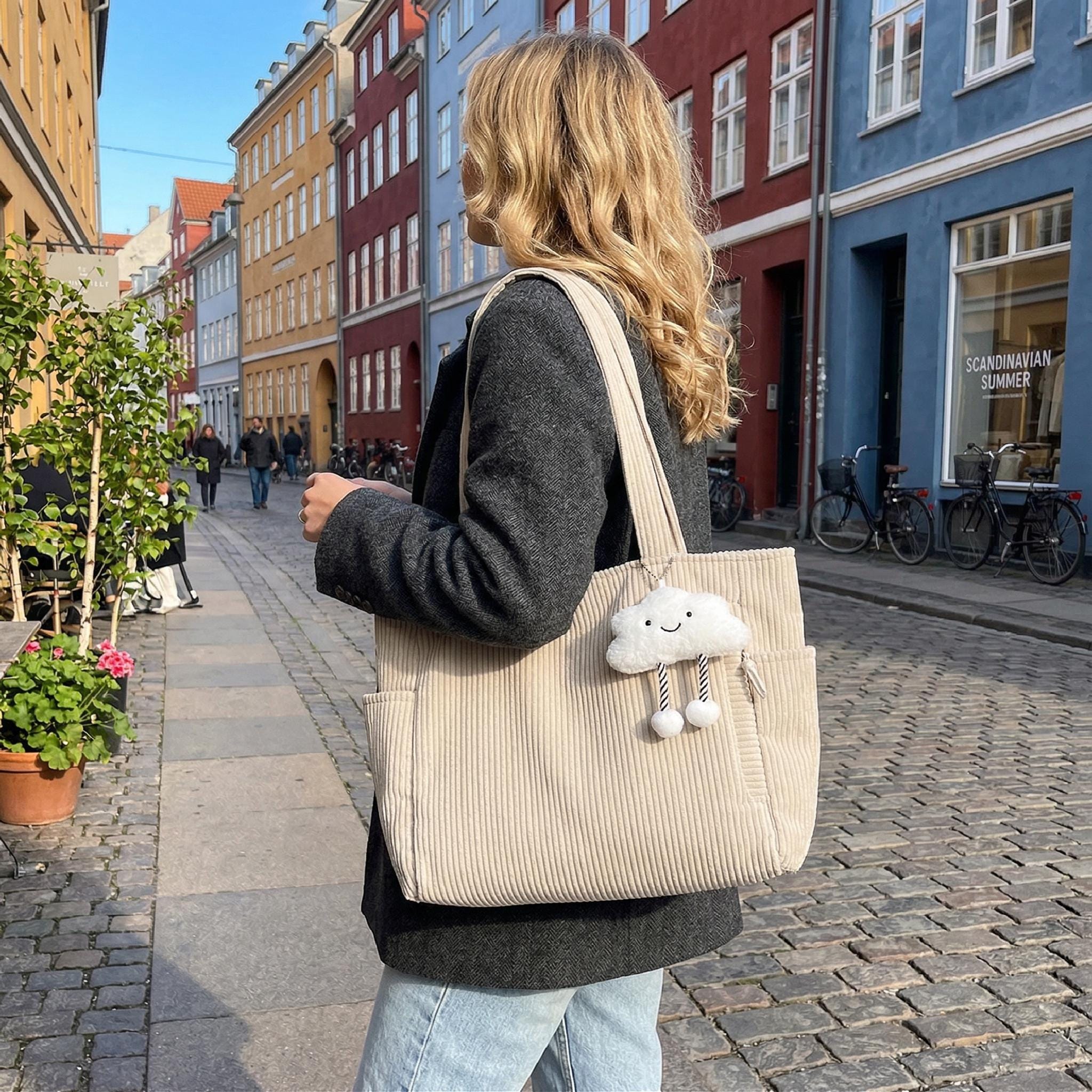 Soft Corduroy Shoulder Tote, Multi-pocket Large Handbag, Retro Daily Tote Bag, Perfect for School Work & Travel, Cute Cloud Accessory