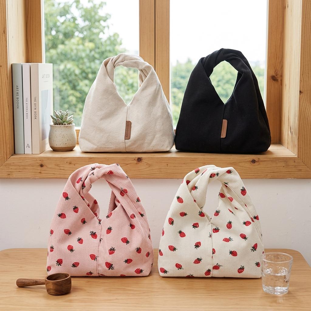 Corduroy Strawberry Knot Wrist Bag, Cute Mini Tote Bag for Women, Handmade Small Handbag, Casual Daily Pouch, Gift for Her