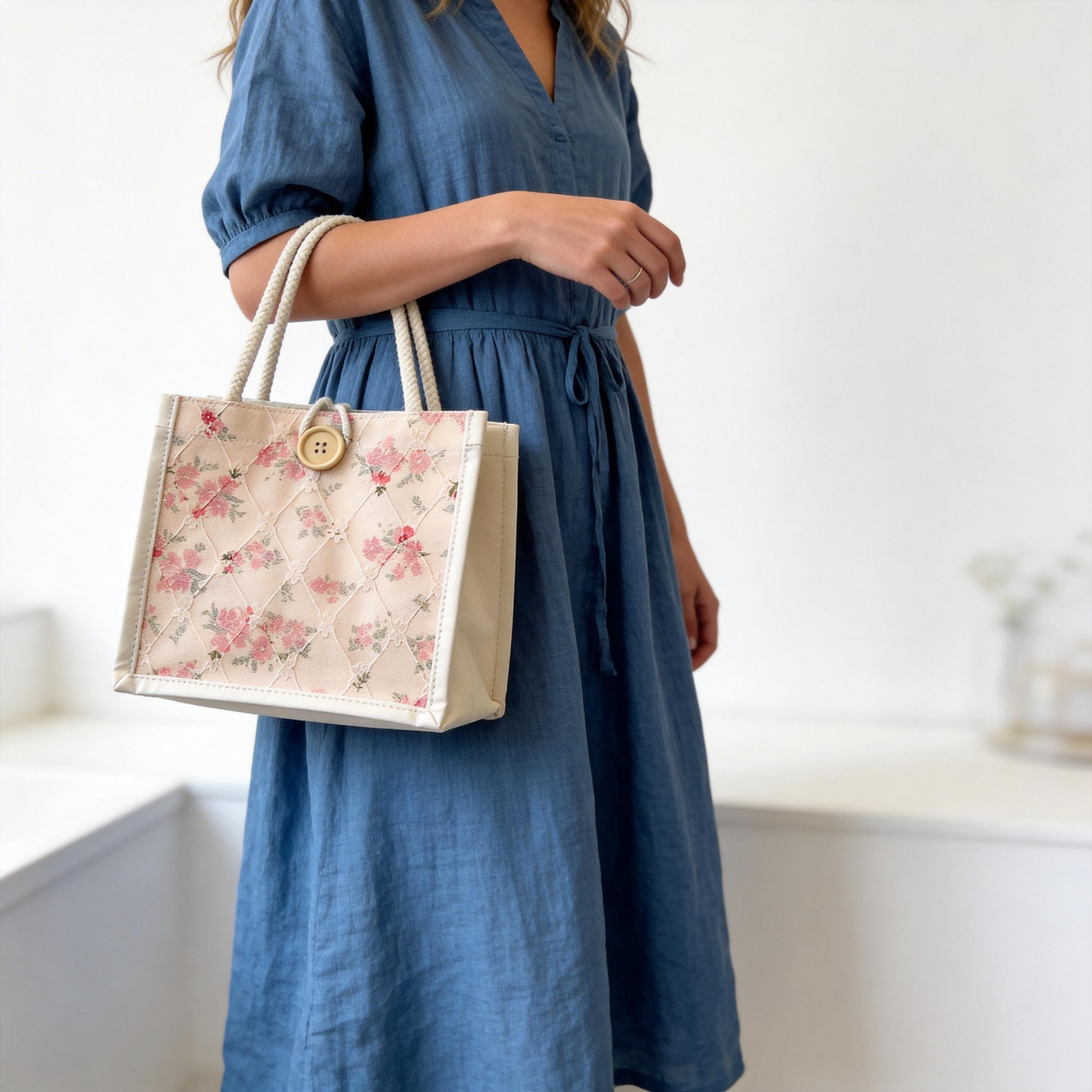 Floral Lace Vegan Leather Tote, Small Structured Handbag, PU Leather Handbag, Cute Lunch Box, Mothers Day Gift