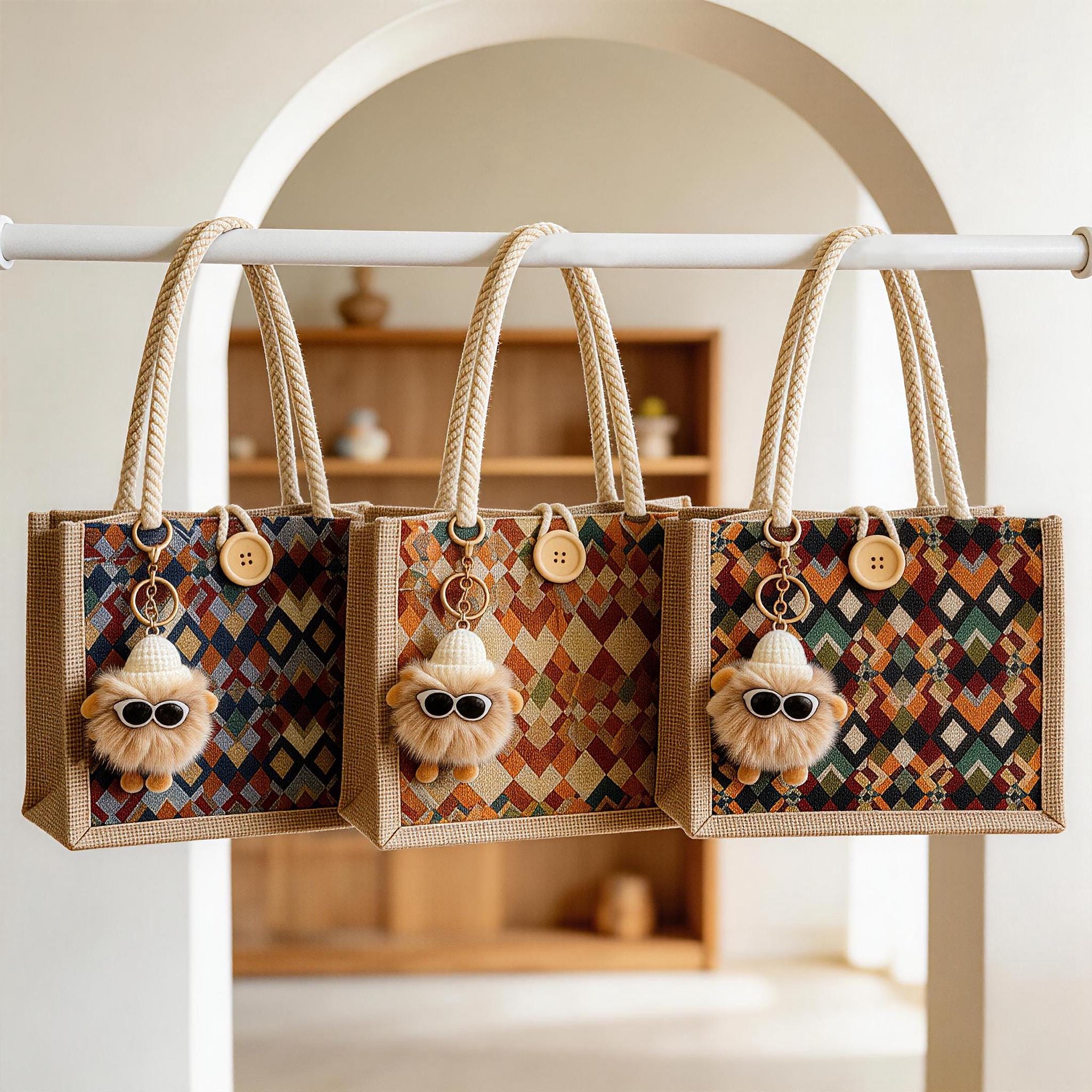 Boho Geometric Mini Tote, Woven Jute Handbag With Button, Everyday Reusable Lunch Bag, Cute Top Handle Purse, Mothers Day Gift for Mom