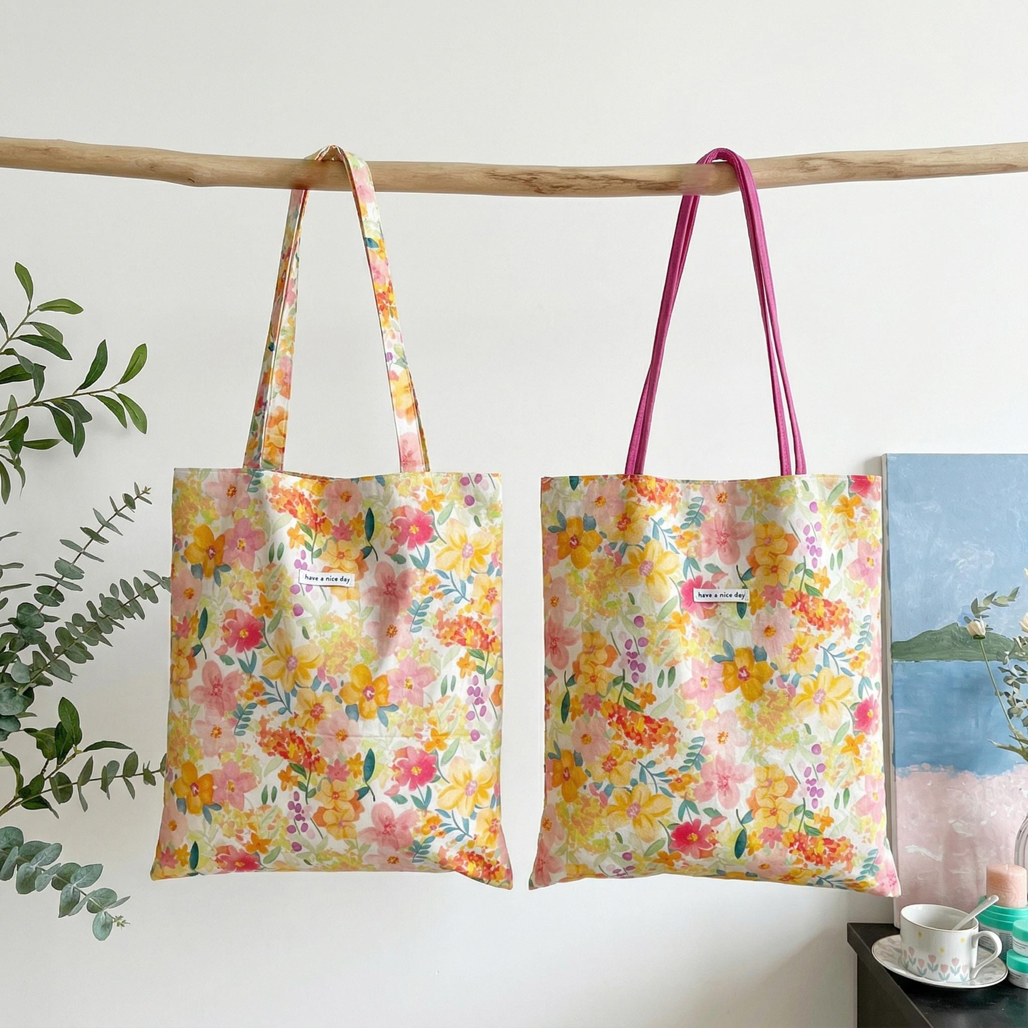 Reversible Floral Canvas Tote Bag, Perfect Spring Gift, Aesthetic Shoulder Bag for Everyday Use