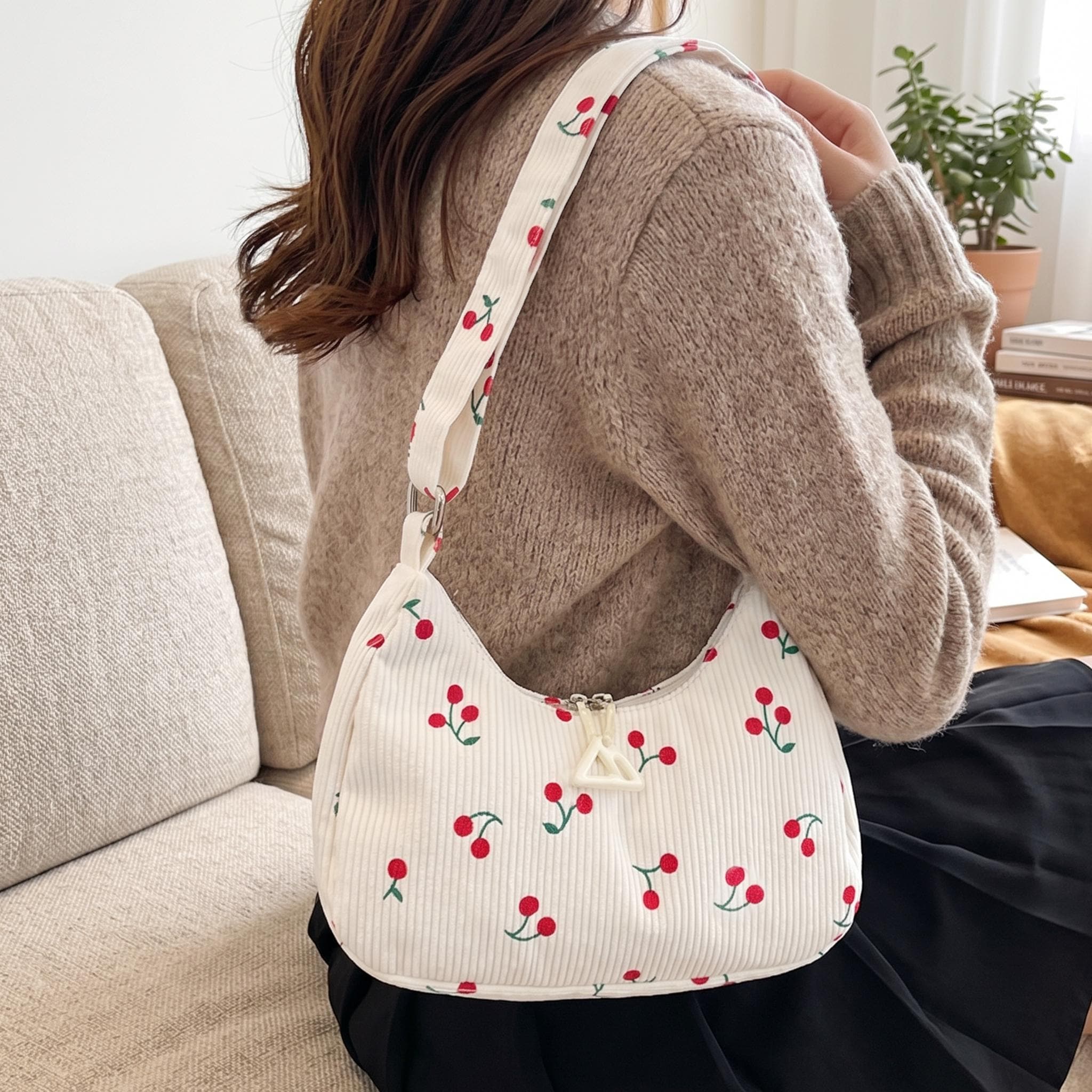 Strawberry Print Corduroy Bag, Cute Aesthetic Hobo Bag, Casual Daily Shoulder Purse, Trendy Fruit Print Handbag