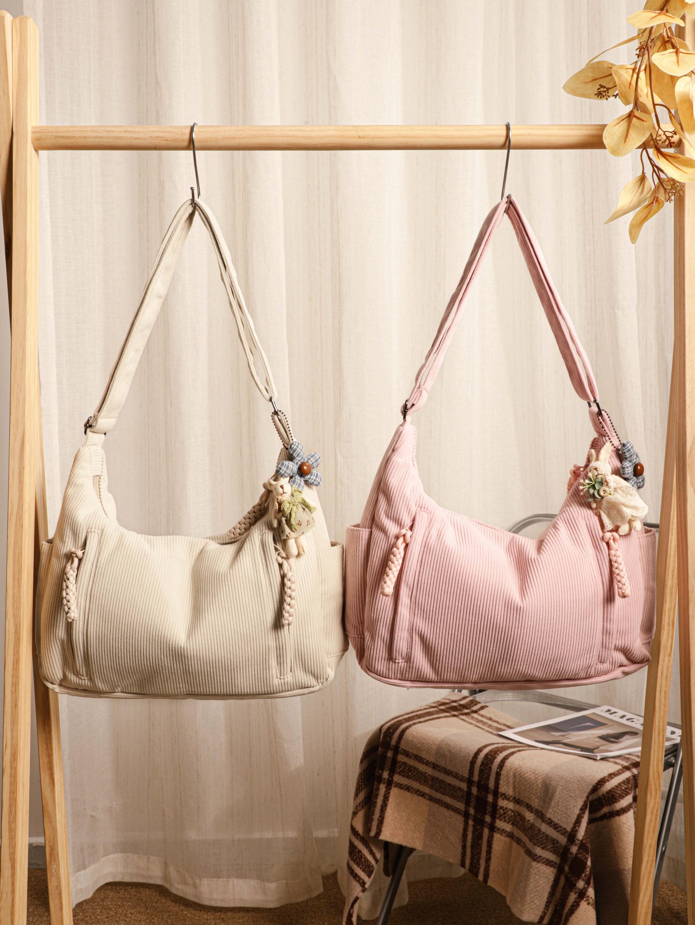 Large Tote Bag, Corduroy Crossbody Bag, Women's Bag, Shoulder Bag, Adjustable Strap & Zipper Pocket