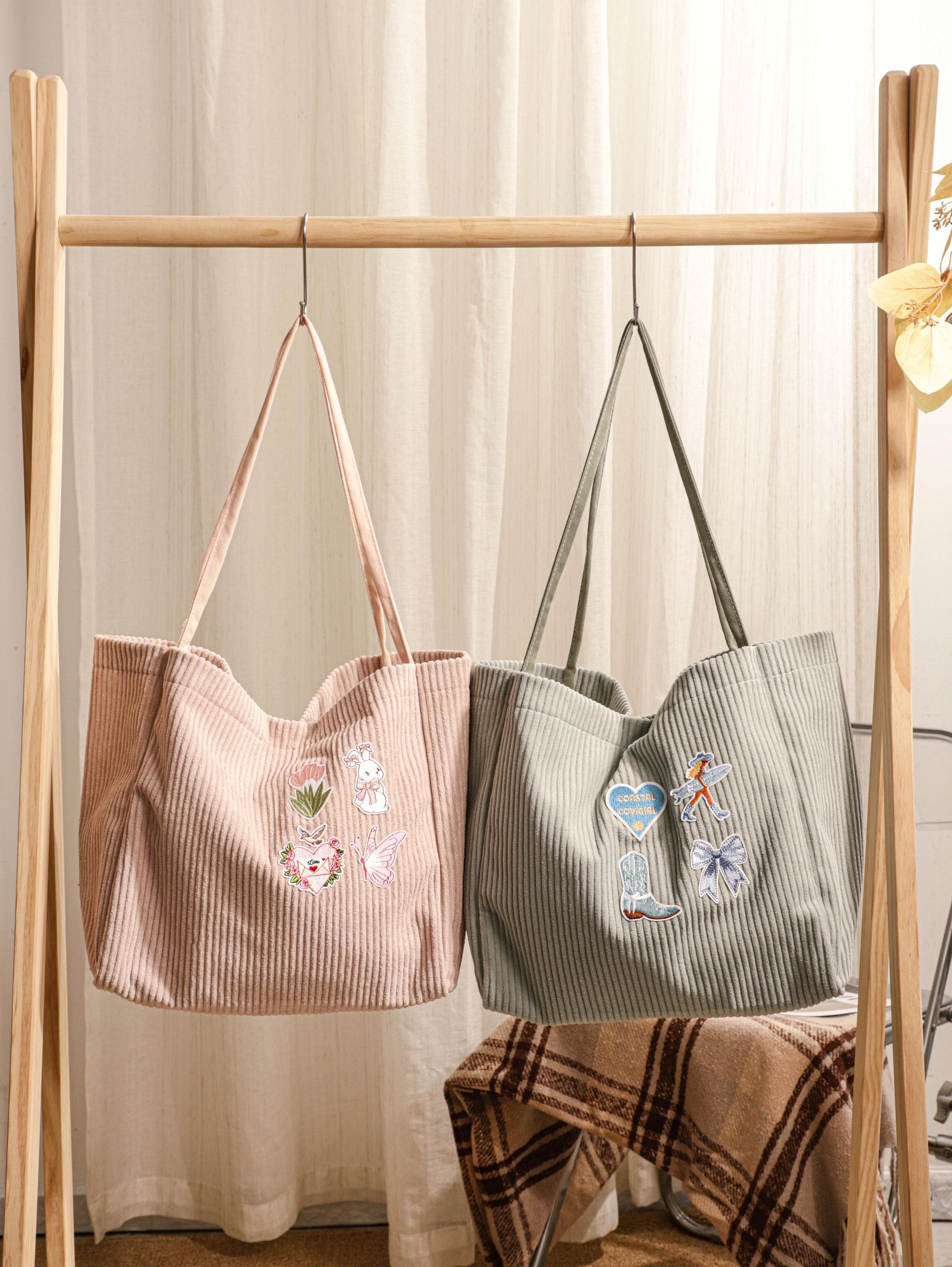 Corduroy Tote Bag, Embroidered Fabric Appliqué Corduroy Bag, Christmas Gift, Gift for Her, Everyday Bag