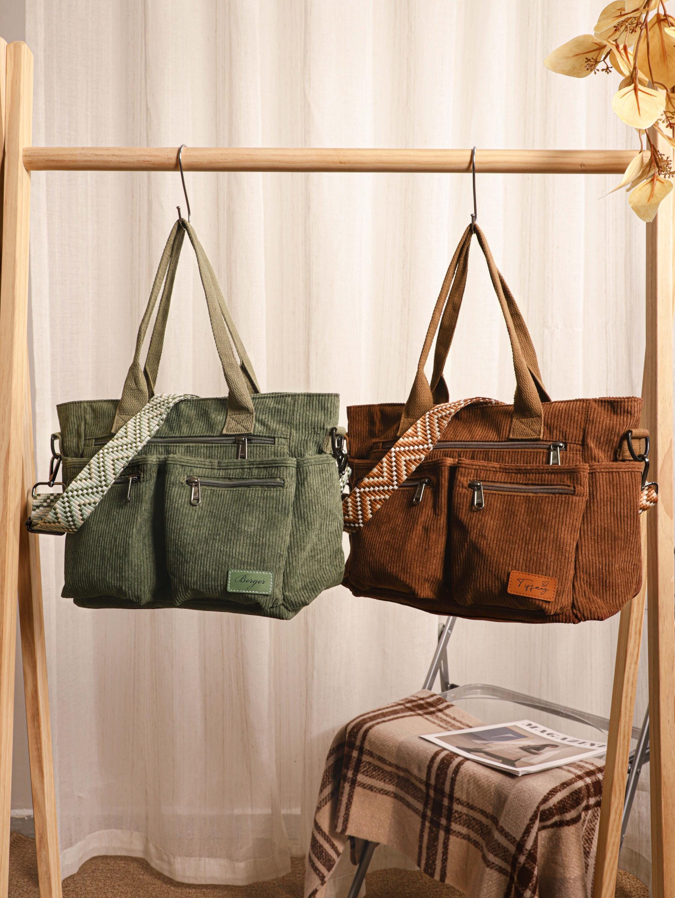 Personalized Custom Names, Retro Corduroy Tote Bag, Adjustable Strap, Multiple Pockets, Casual Travel Shoulder Bag, Leather Labels