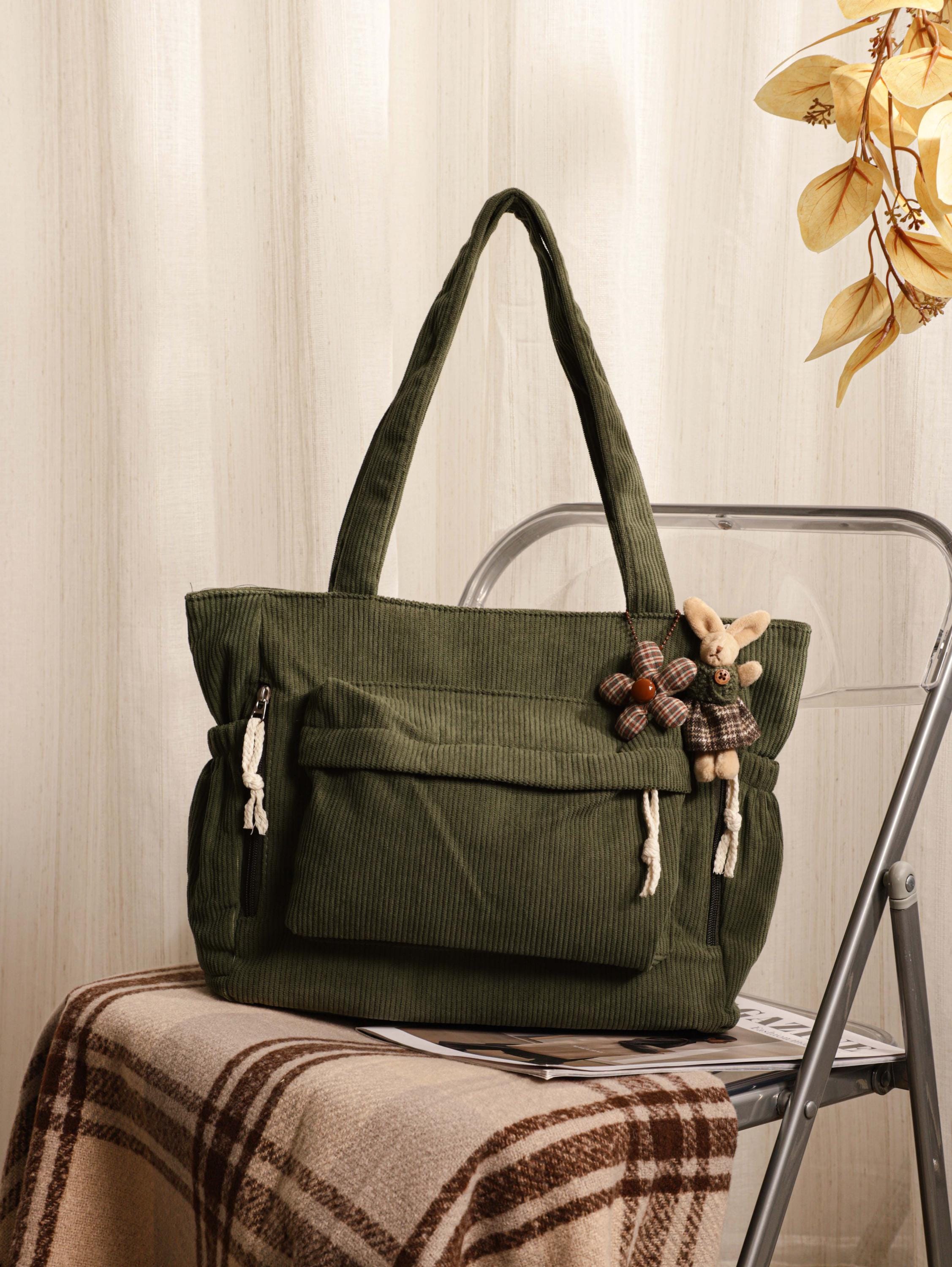 Corduroy Shoulder Tote Bag With Pockets, Corduroy Tote Bag, Casual Bag, Everyday Bag, Handbag, Gift for Her