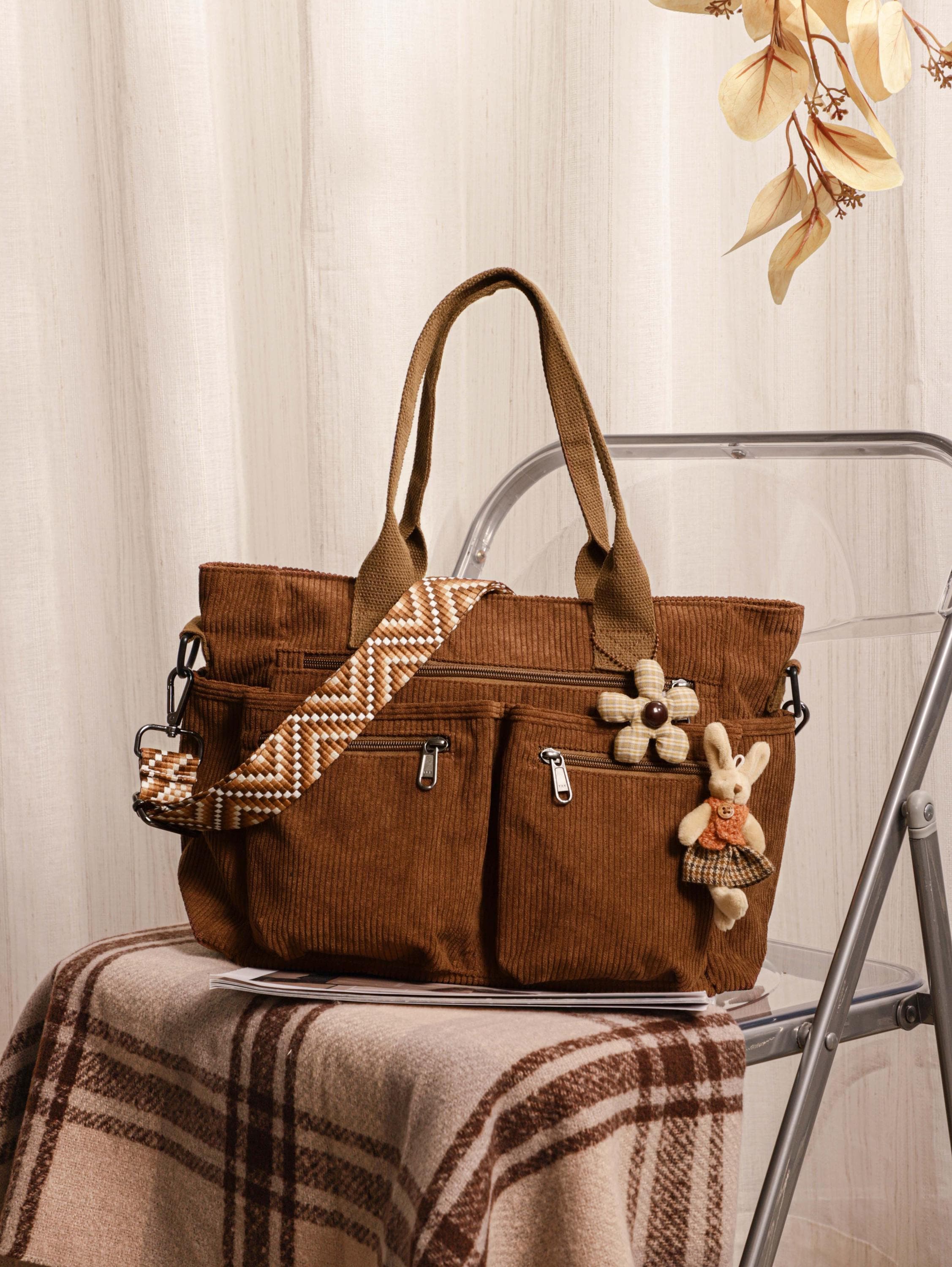 Retro Corduroy Tote Bag, Adjustable Strap, Multiple Pockets, Casual Travel Shoulder Bag