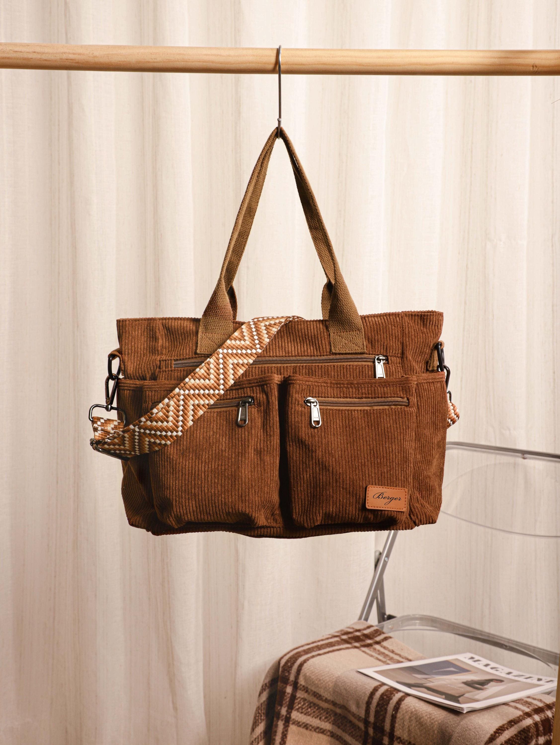 Personalized Custom Names, Retro Corduroy Tote Bag, Adjustable Strap, Multiple Pockets, Casual Travel Shoulder Bag, Leather Labels